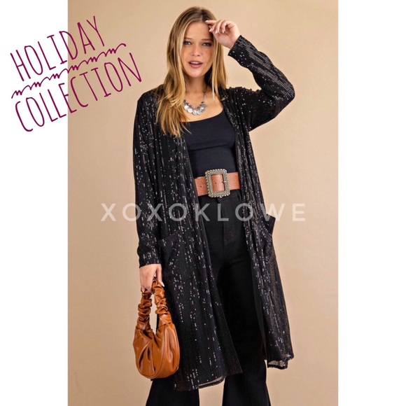 Black SEQUIN Open Front Duster Long Fully Lined - Picture 3 of 13